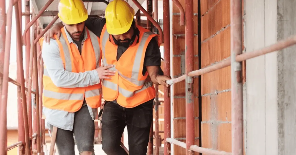 Construction worker receiving assistance from a colleague while walking