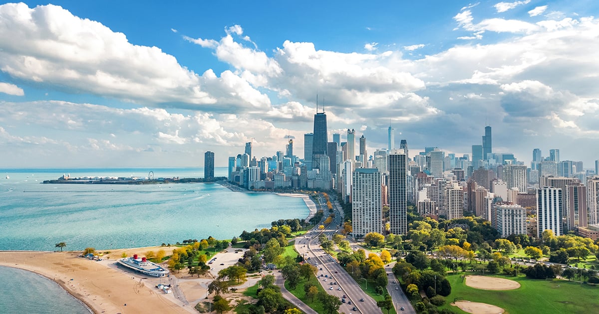 Chicago skyline aerial drone view from above, lake Michigan and city of Chicago downtown skyscrapers cityscape bird's view from Lincoln park, Illinois, USA